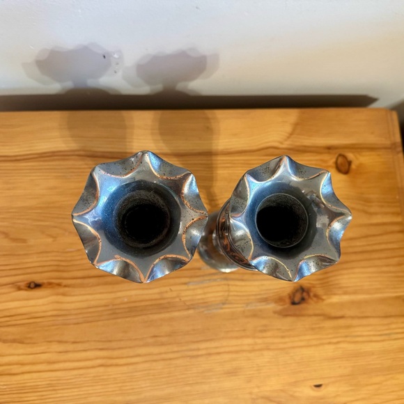 Vintage Bud Vase Set Pair Hand Etched Metal Dark Silver Copper Color - Picture 5 of 7